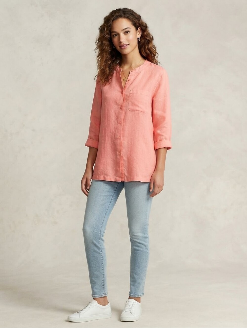 Hot Cotton Coral Button-Front Linen Shirt